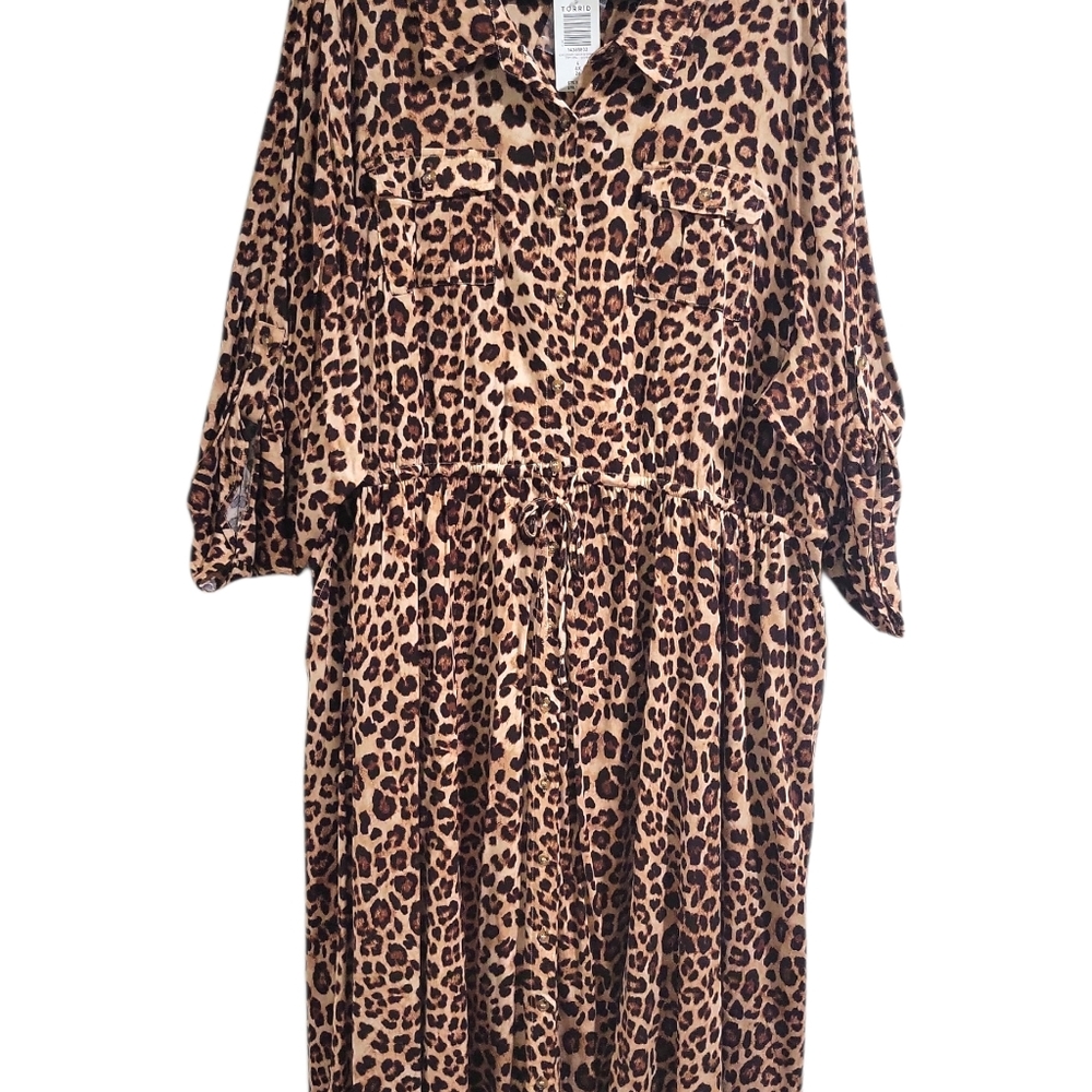 Torrid Women's Leopard Print Chalis Midi Dress NWT Size 4X Drawstring Buttons - Picture 6 of 16